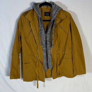 Love Tree Women’s Utility Jacket in Mustard/Gold with Grey Fleece Hoodie- Size L